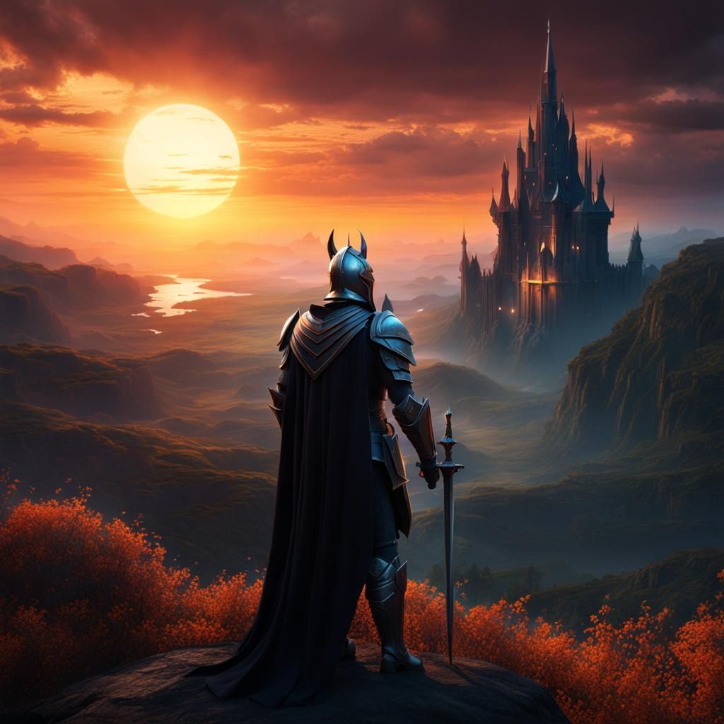 Dark Fantasy Knight Contemplates Sunset, Detailed Matte Pain...