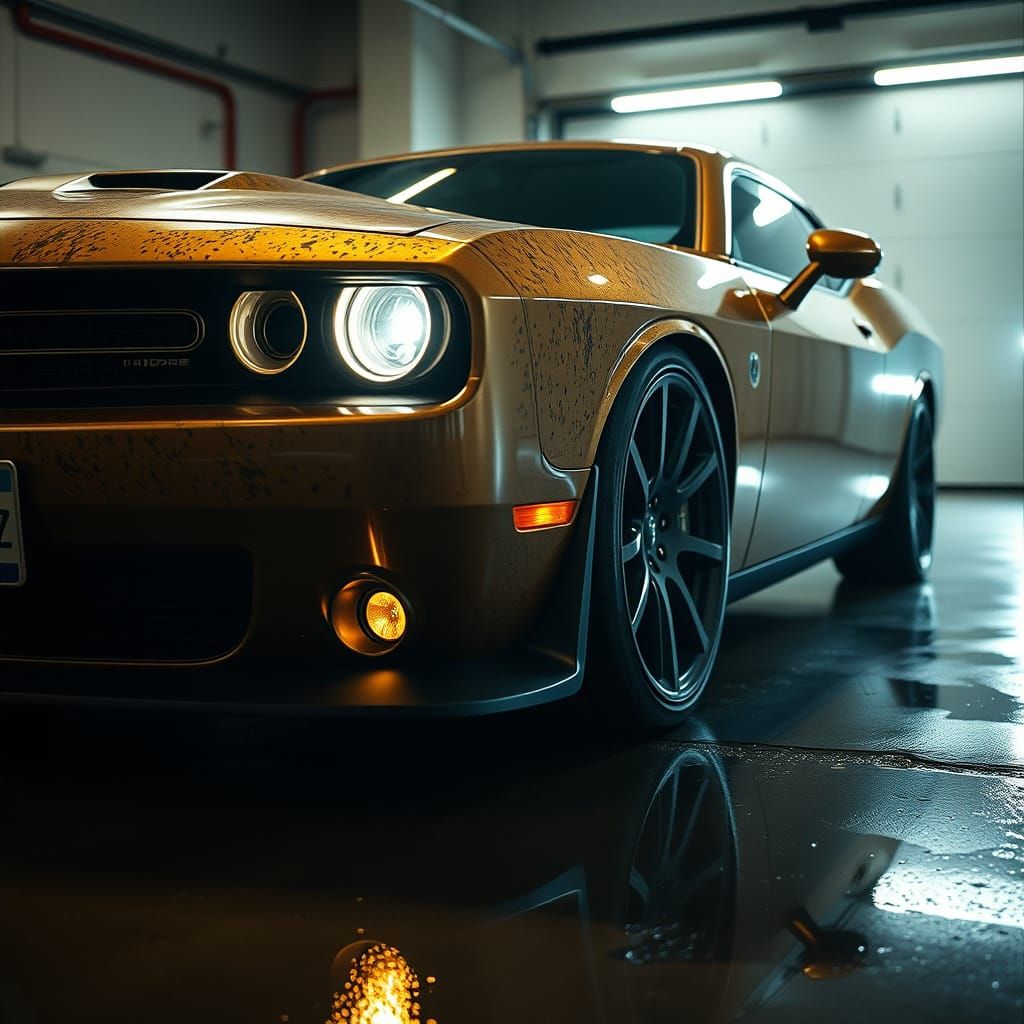 Gold and Black Granite Dodge Challenger in Garage