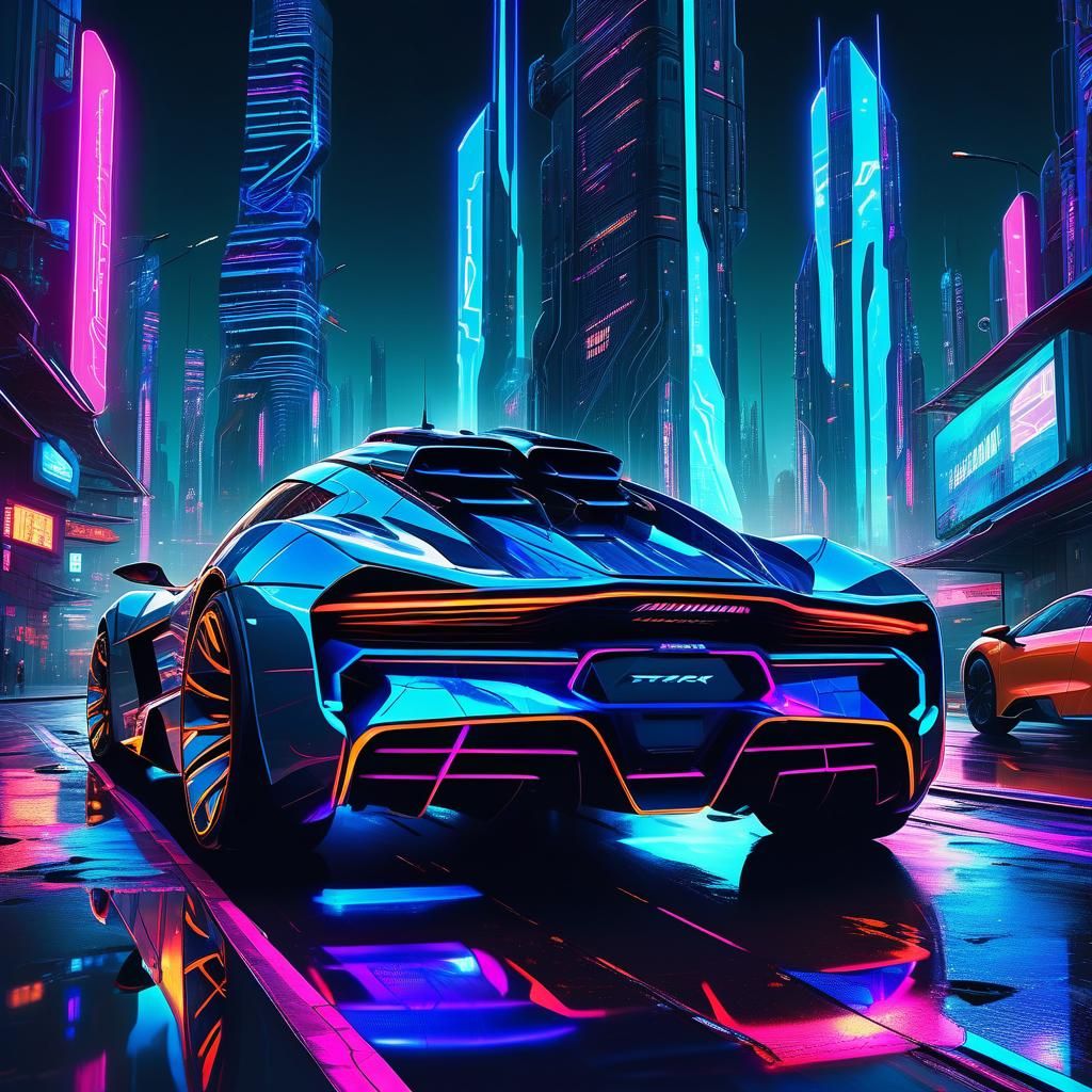 Cyberpunk Supercar Soaring Over Neon Cityscape