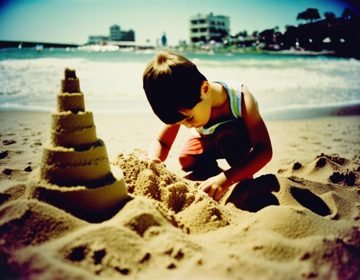 Boy at Beach Building Sandcastles: Lomography Aesthetic