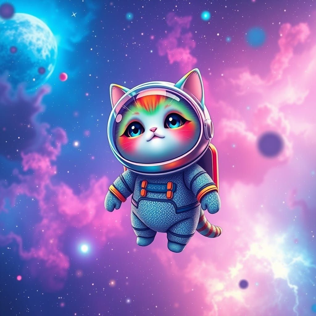 Rainbow Cat in Galaxy, Surreal Digital Art