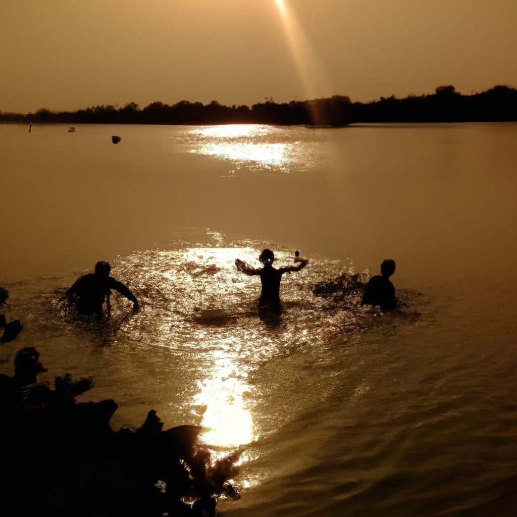 Silhouetted Figures at Sunset on Riverbank