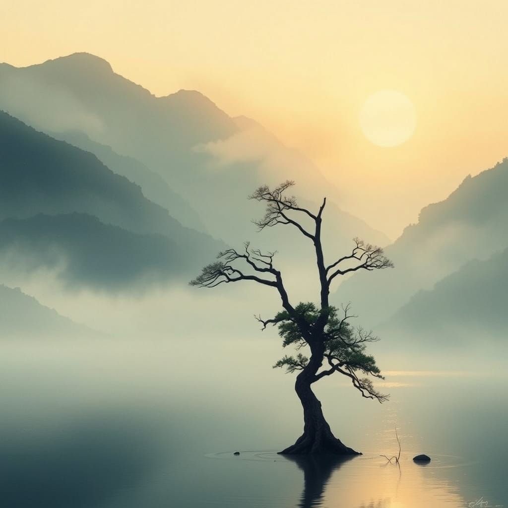 Tranquil Dawn Landscape with Ancient Tree