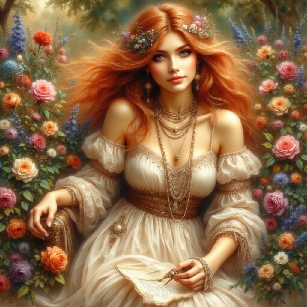 Pre-Raphaelite Muse in Sun-Drenched Garden