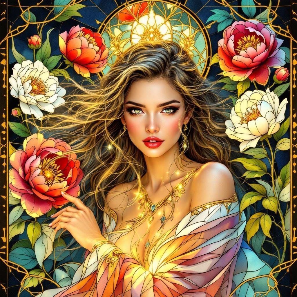 Goddess Queen in Art Nouveau Stained Glass