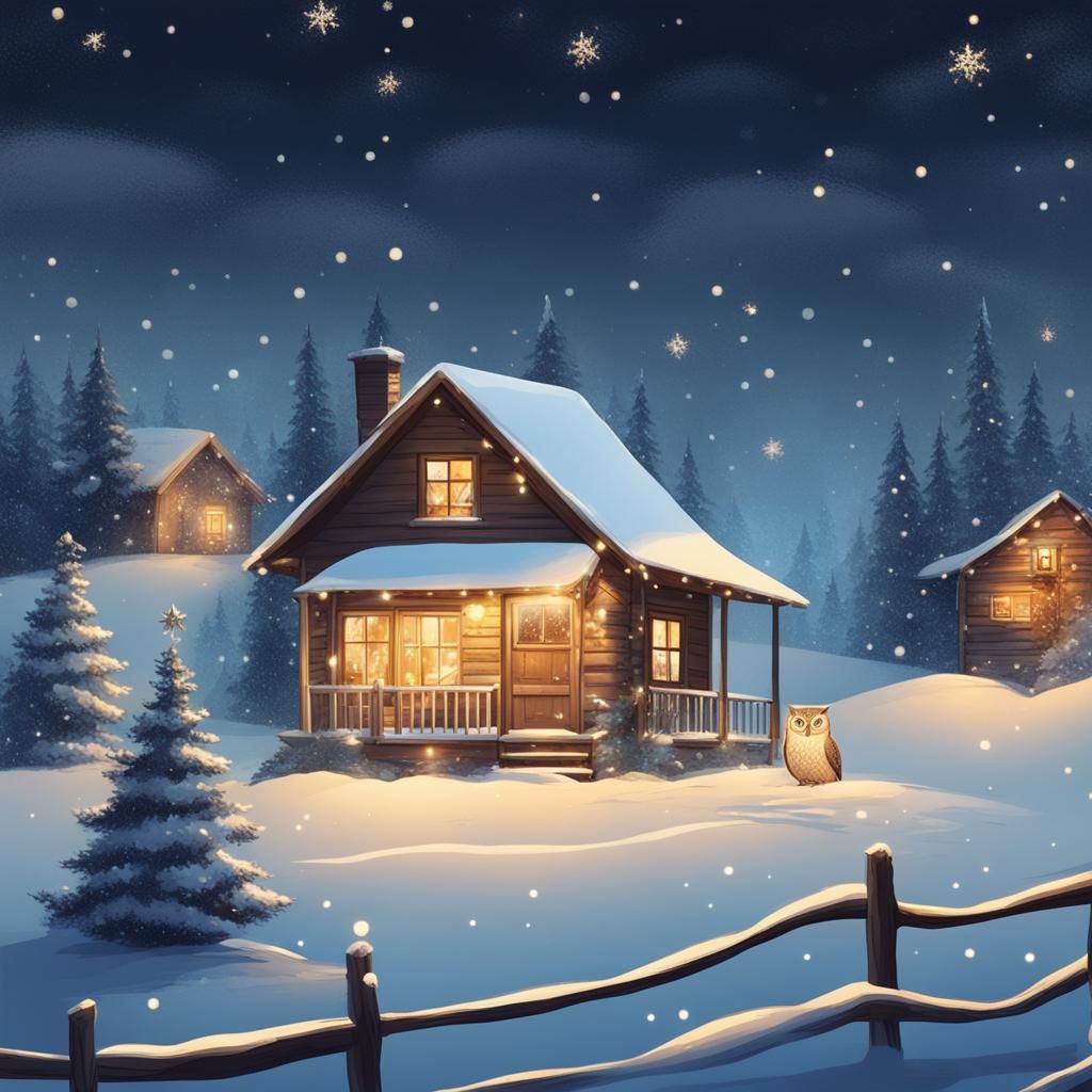 Snowy Christmas Landscape with Owl and Cabin
