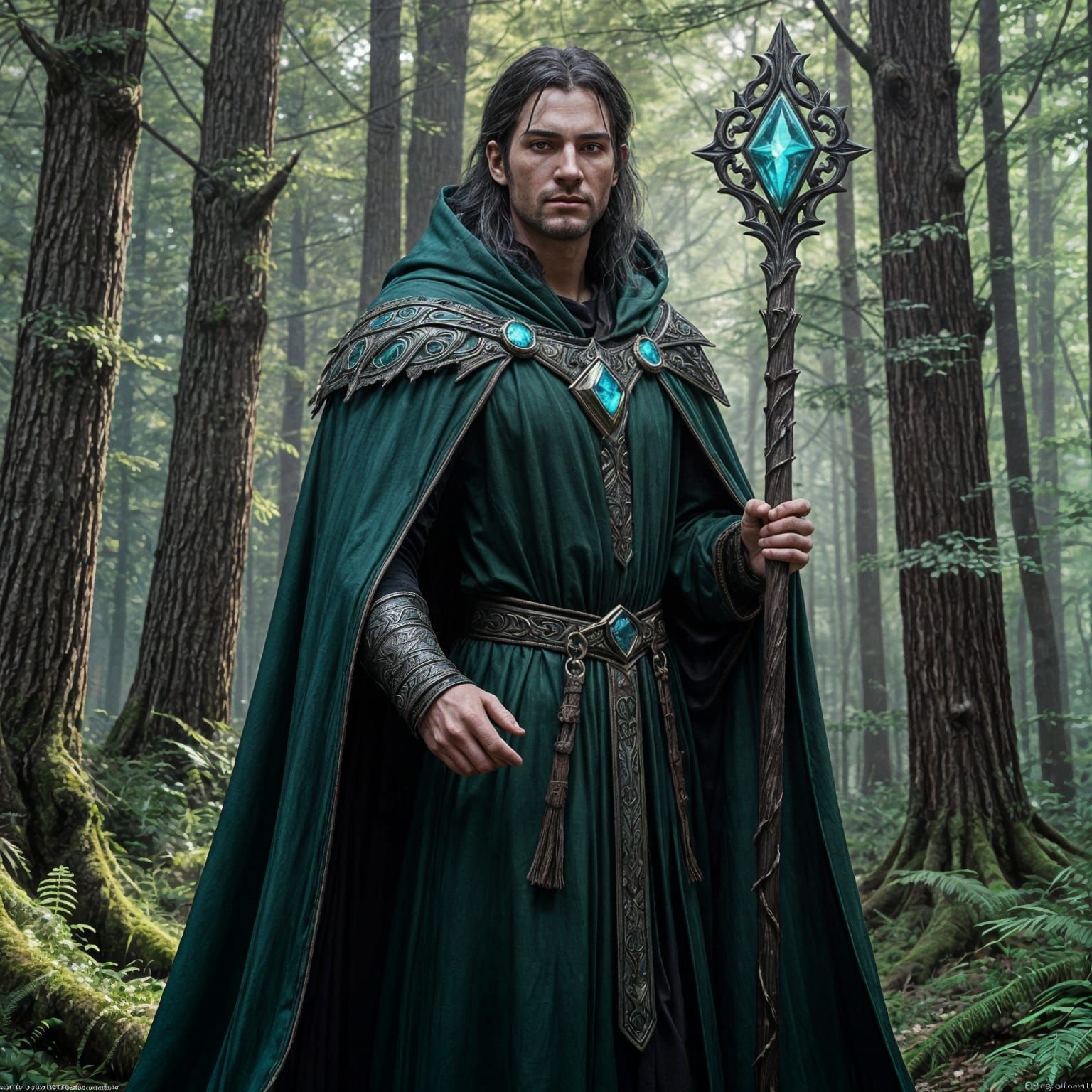 Druid in Forest with Crystal Staff: Dark Fantasy Art