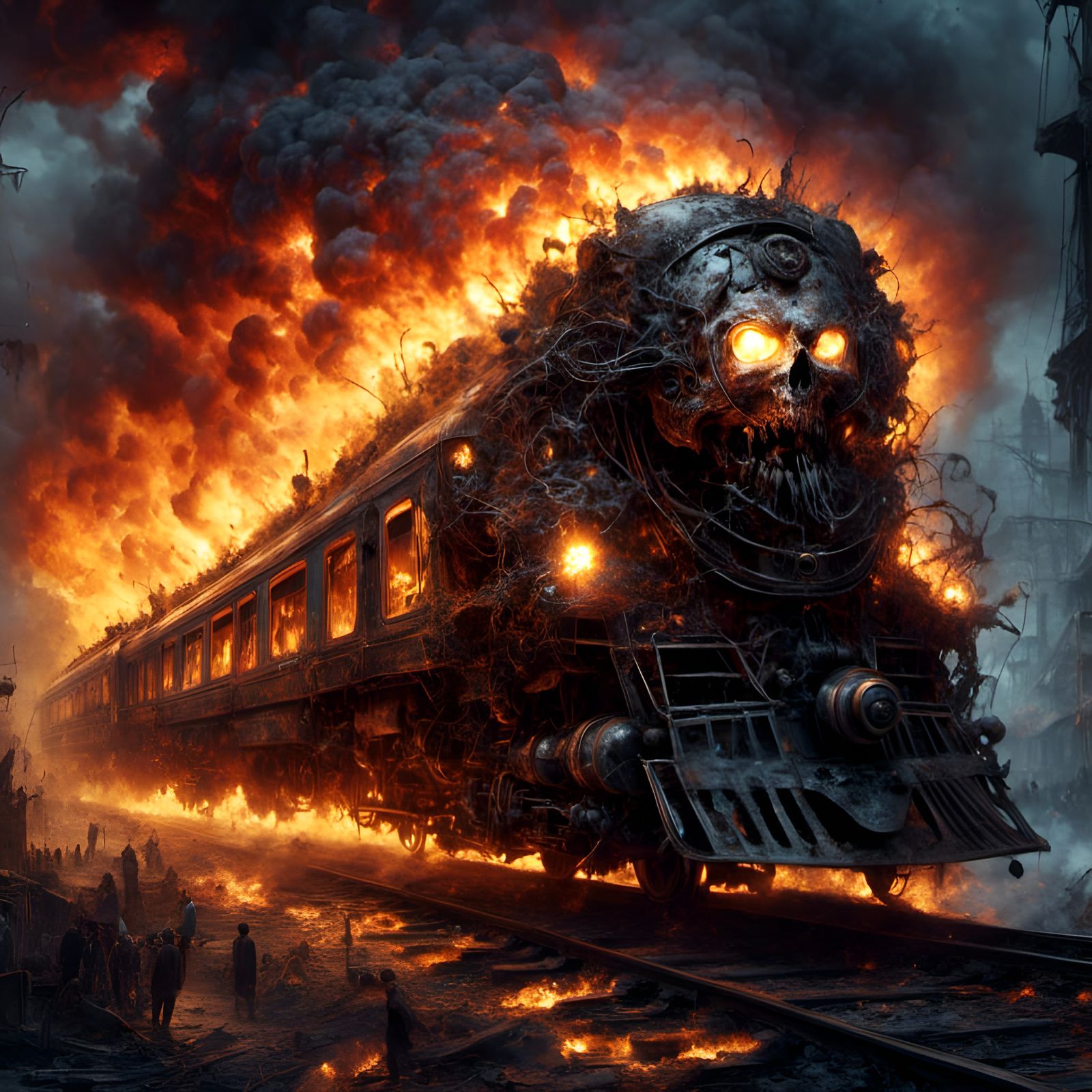 Fiery Skull Train Explosion in Demonpunk Style