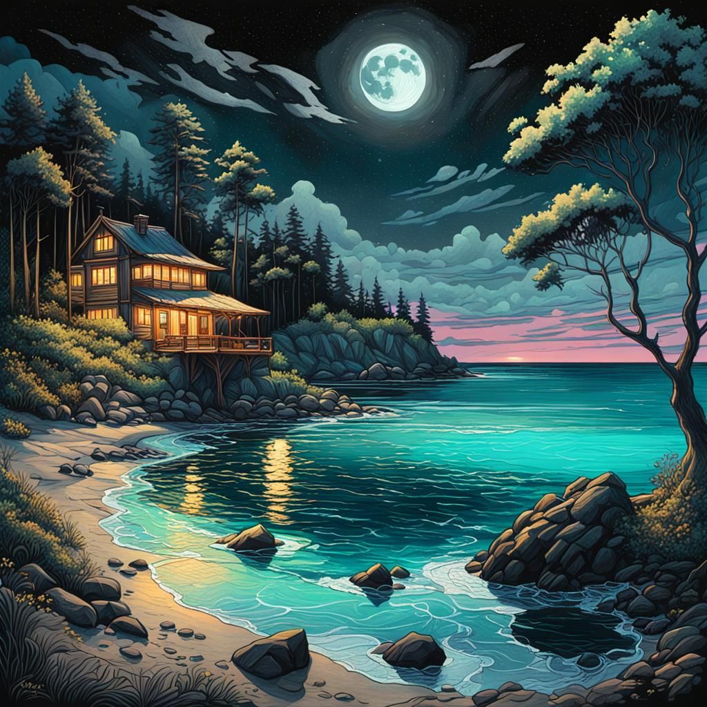 Moonlit Coastline: Detailed Charcoal Drawing in Art Nouveau ...