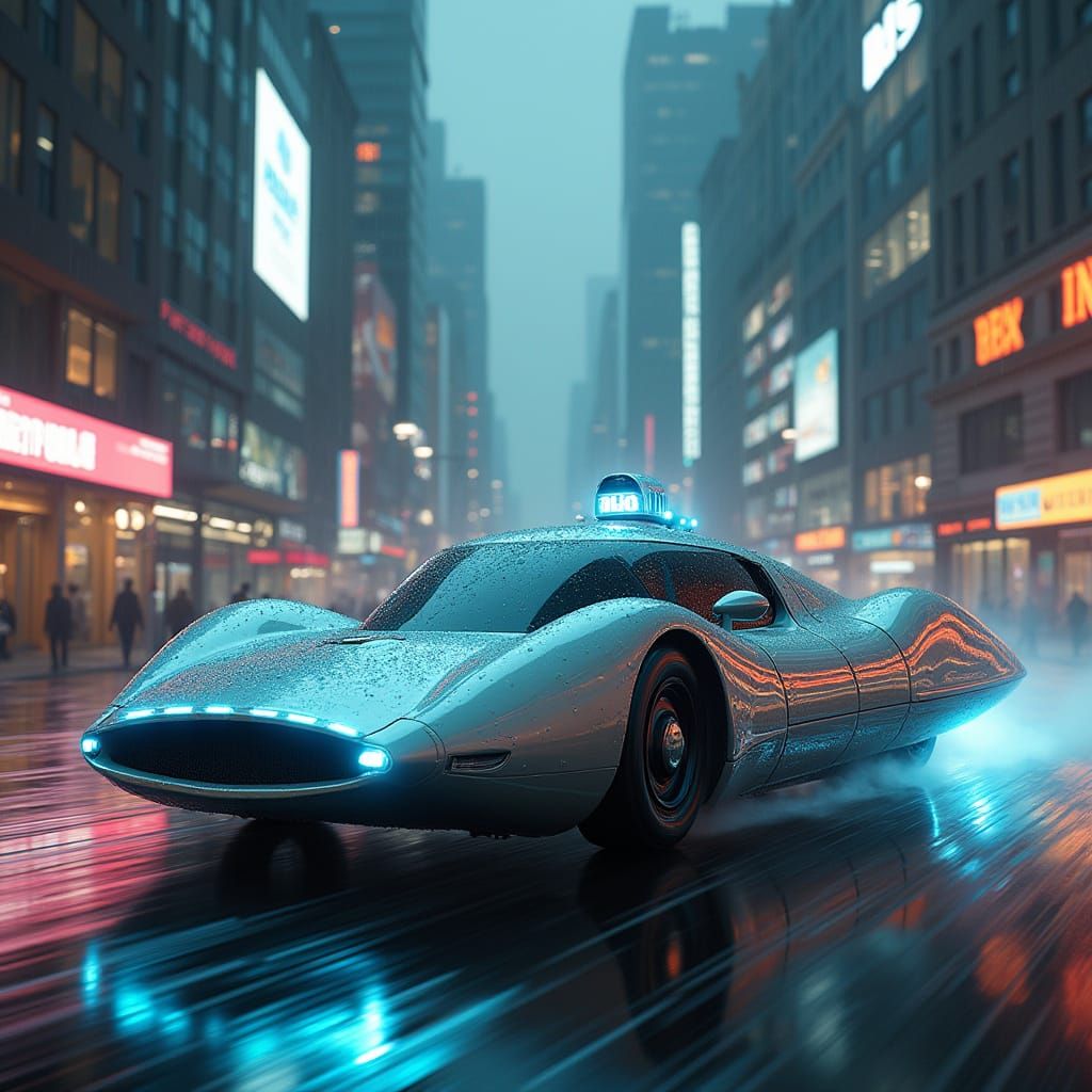 Futuristic Taxi Speeds Through Neon Cityscape