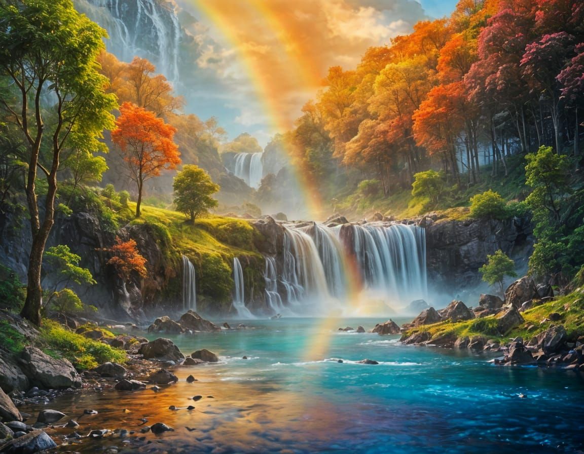Ethereal Rainbow Waterfall in Soft Light