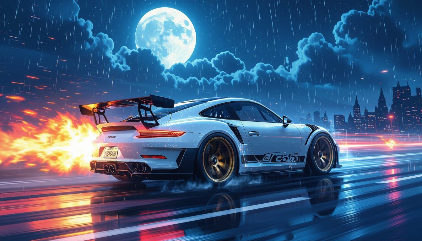 GT3RS Speeds Through Rainy Night Under Full Moon