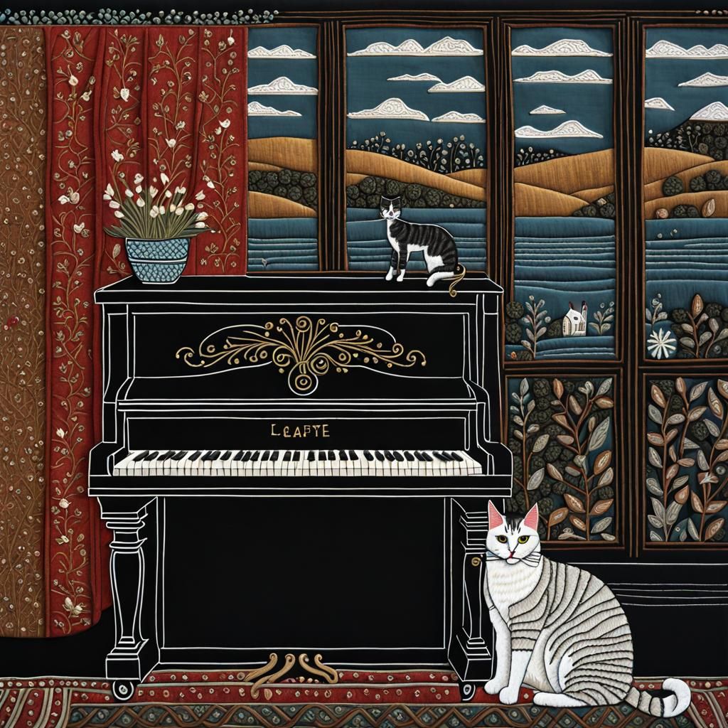 Cat Playing Piano as Textile Folk Art