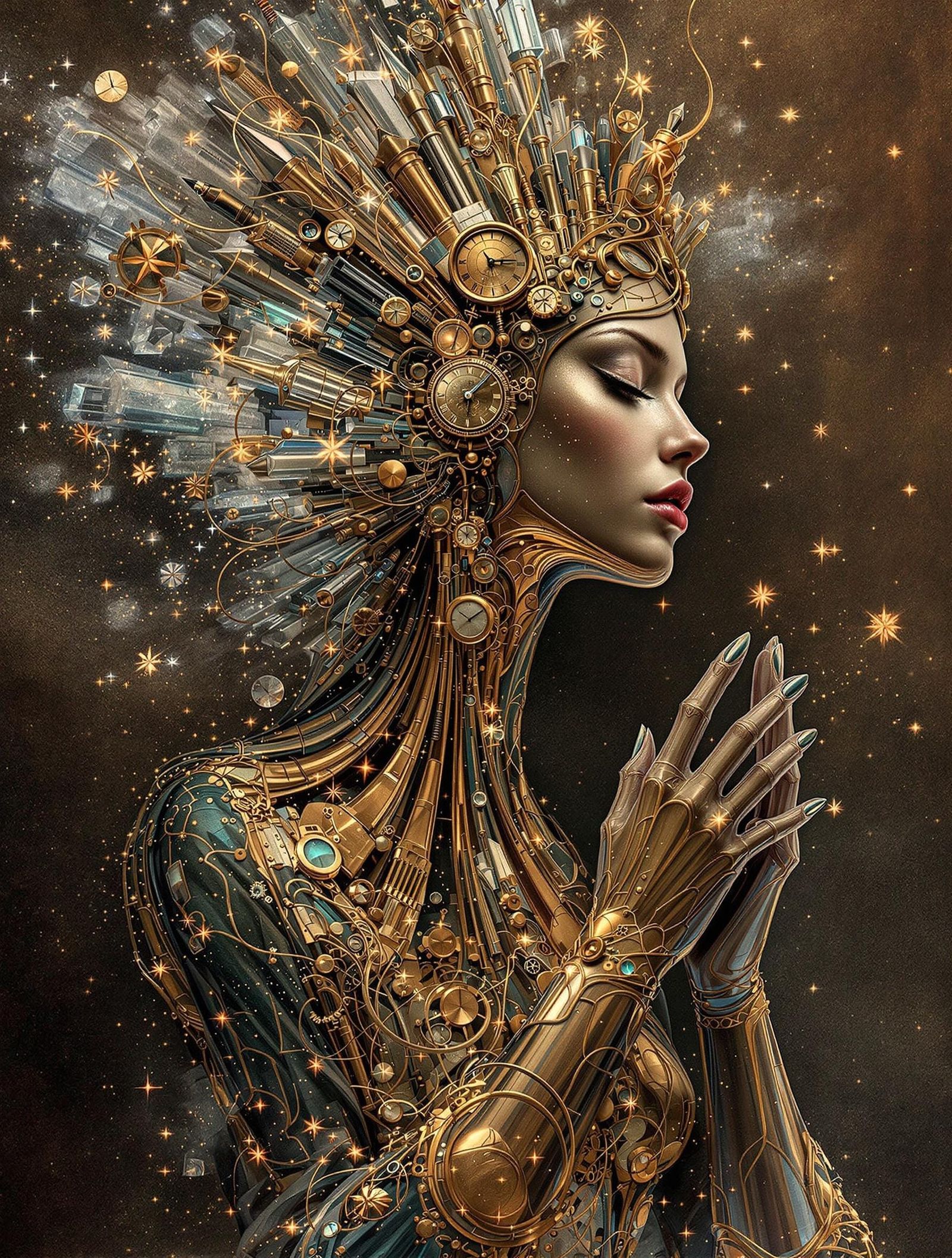 Golden Ageless Woman Conducts in a Luminous Library