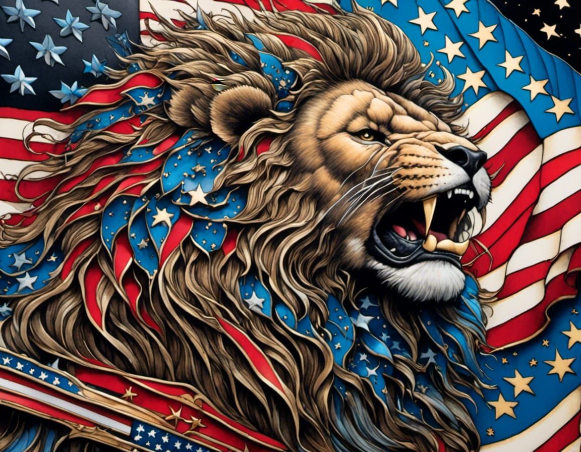 Roaring Lion with American Flag Ink Illustration