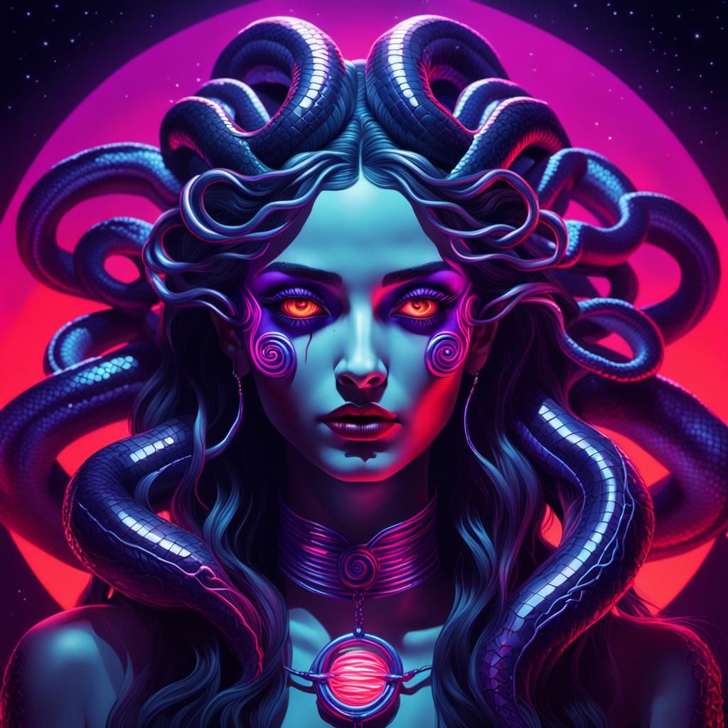 Gothic Medusa Plays Synthwave in Neon Retro Style