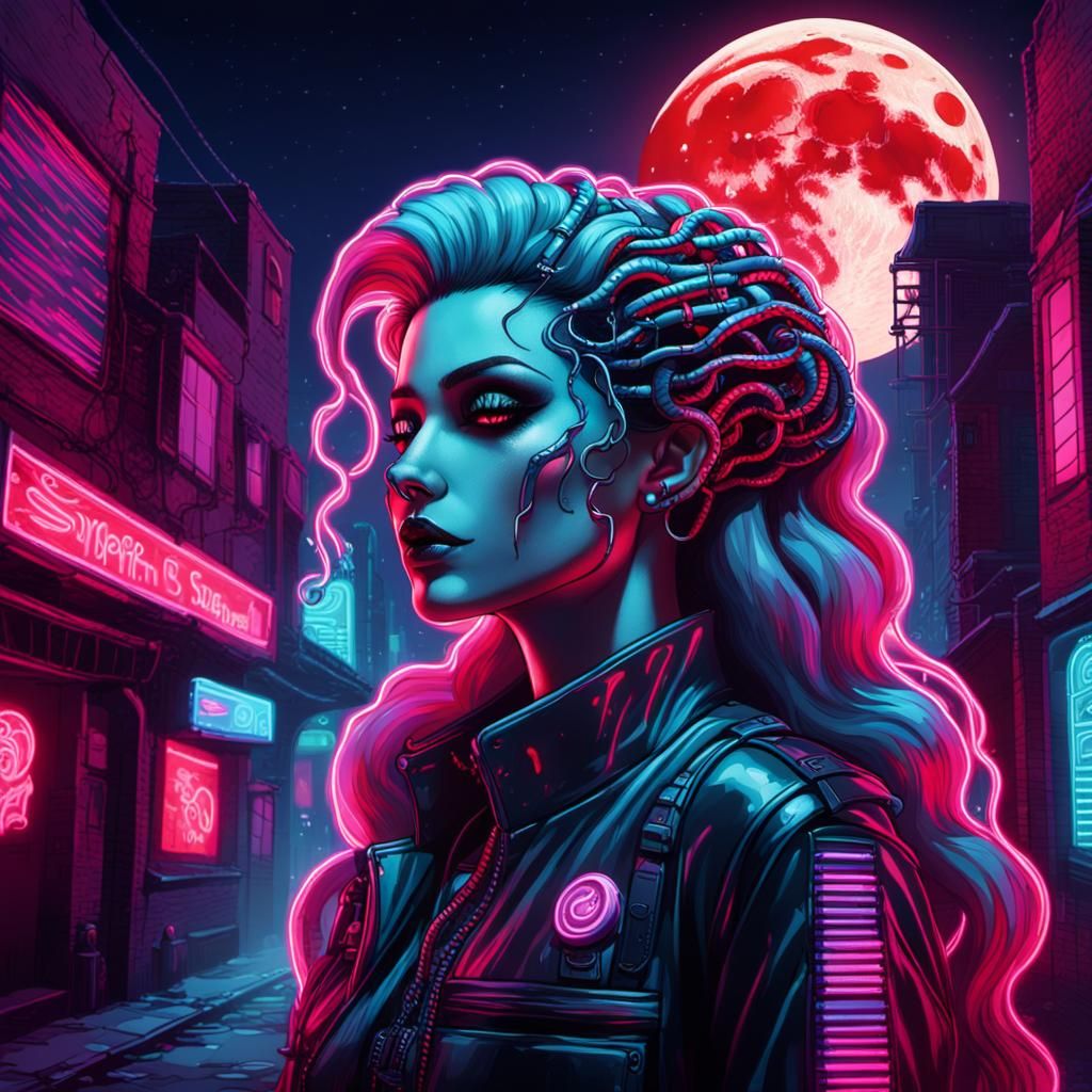 Gothic Medusa Synthwave Musician in Neon Alleyway