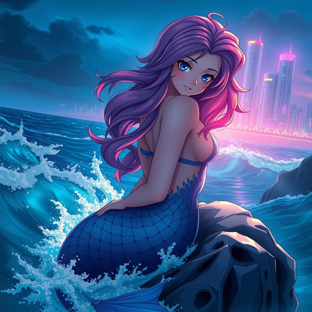 Sirena de mar sentada en una roca al lado del mar azul, mira...