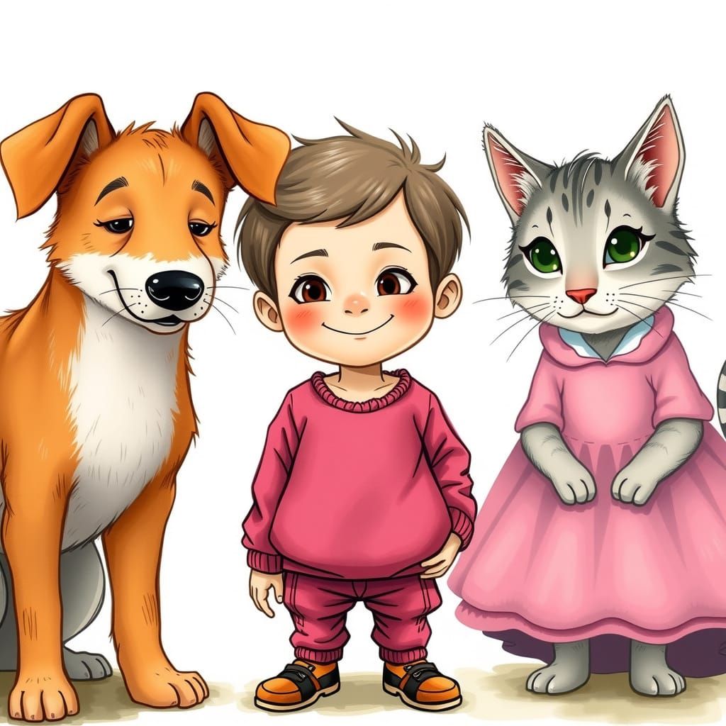 Whimsical Family Portrait: Boy, Dog-Brother, Cat-Sister