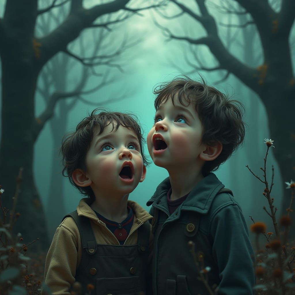 Surreal Jungle Landscape with Twin Boys