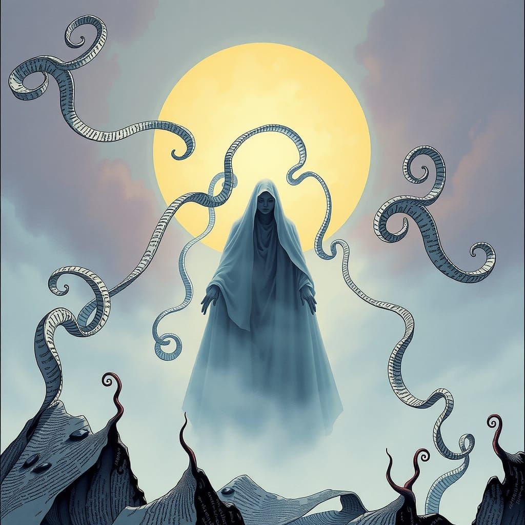 Dreamlike Figure in a Surreal Moebius Style Landscape