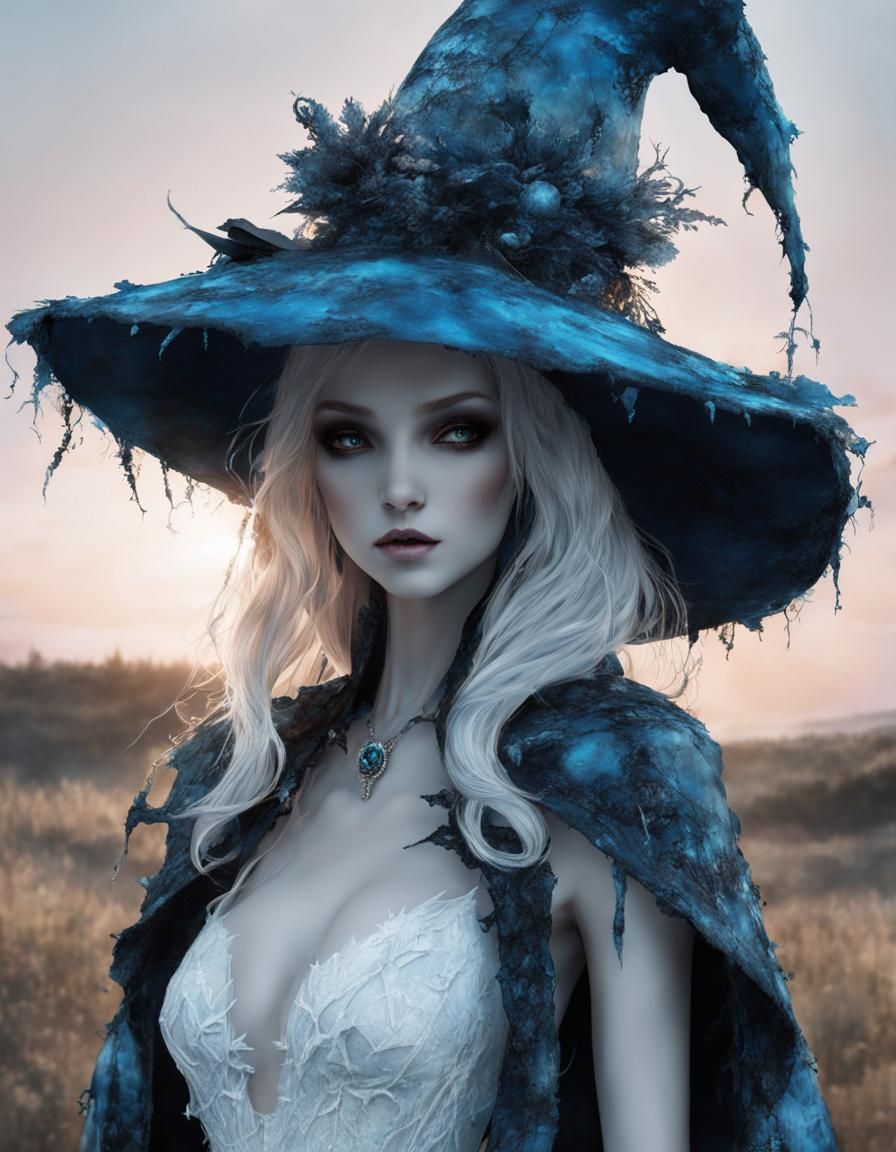 Blue Porcelain Witch with Bioluminescent Glow, Digital Art