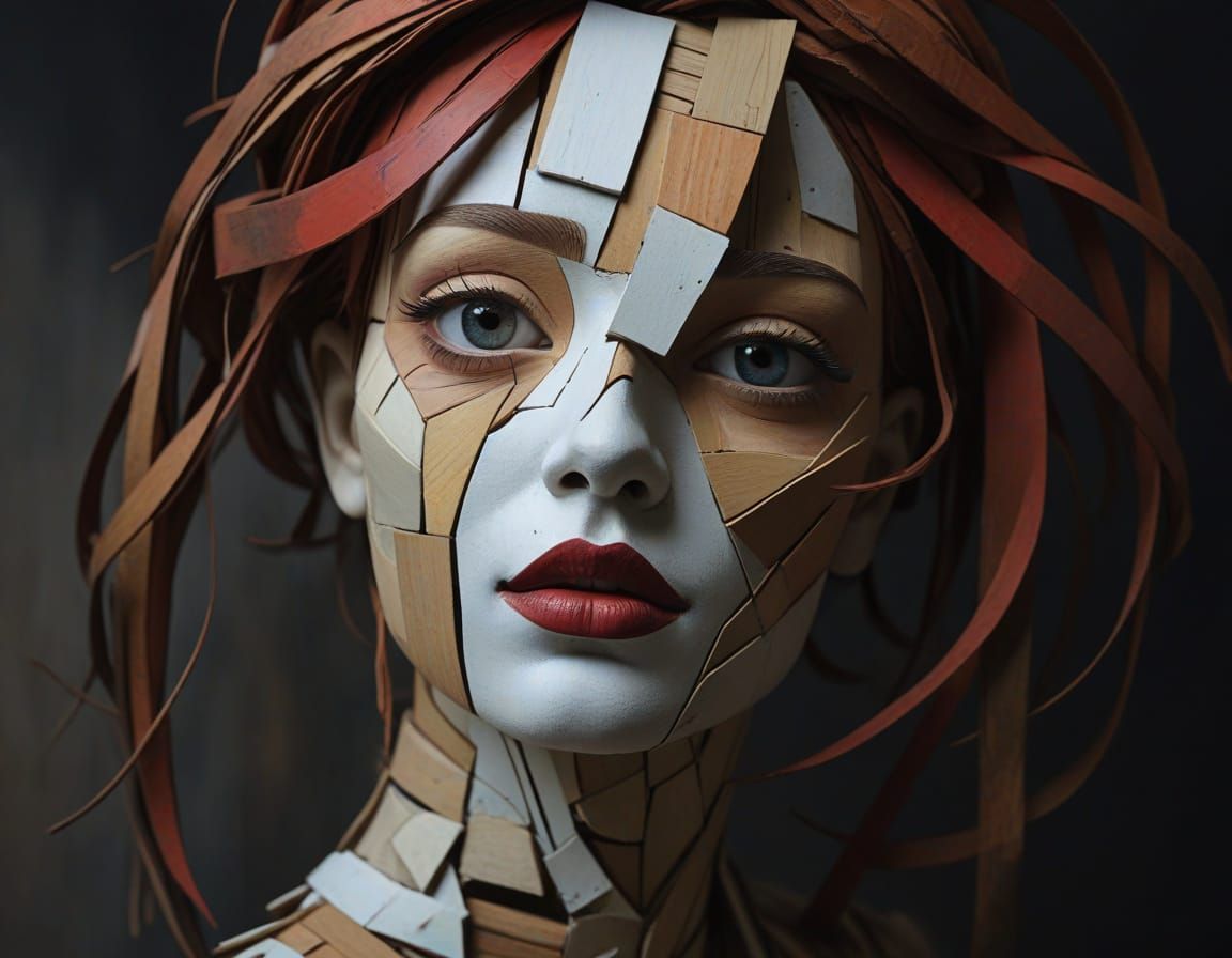 Cubist Fragmentation in Warm Amber Light