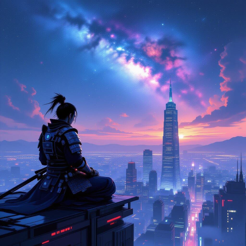 Cyberpunk Samurai Meditates Over Neon Cityscape