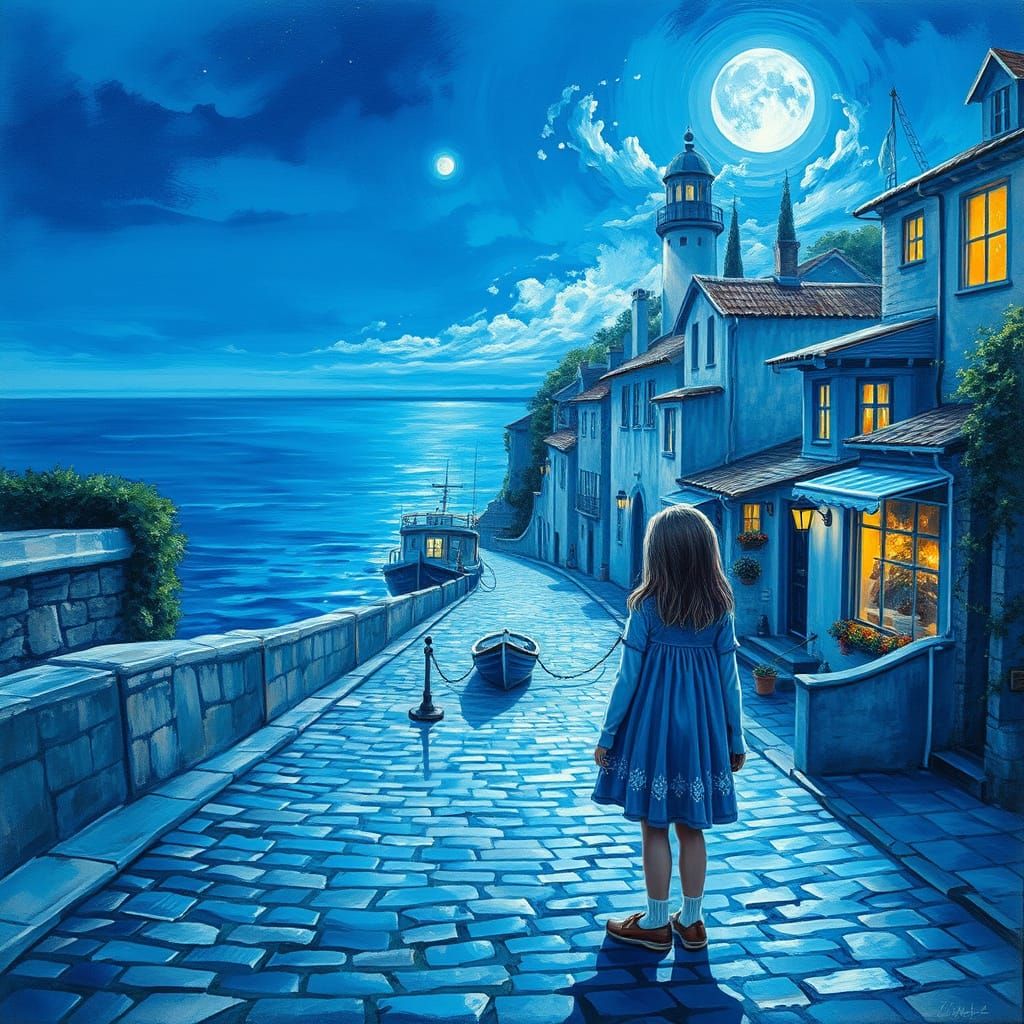 Blue Girl by the Sea: Impressionist Gouache Painting