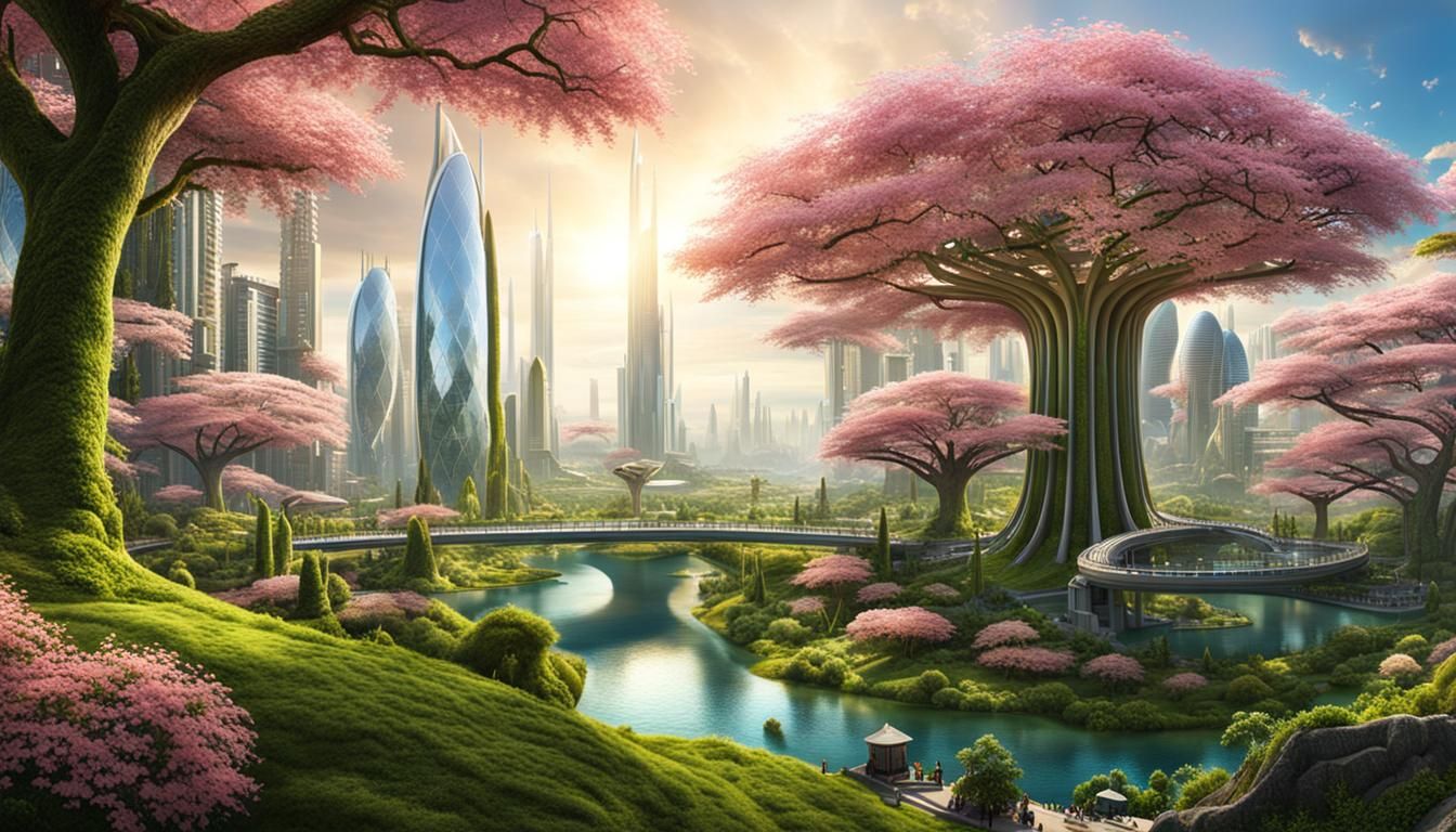 Utopian Cityscape with Sakura Trees and Advanced Technology