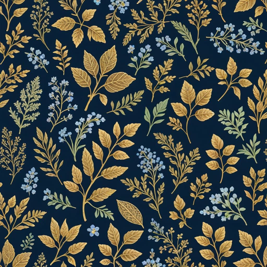 Medieval Gold Mesh Adorned with Silver Leaves and Herbs