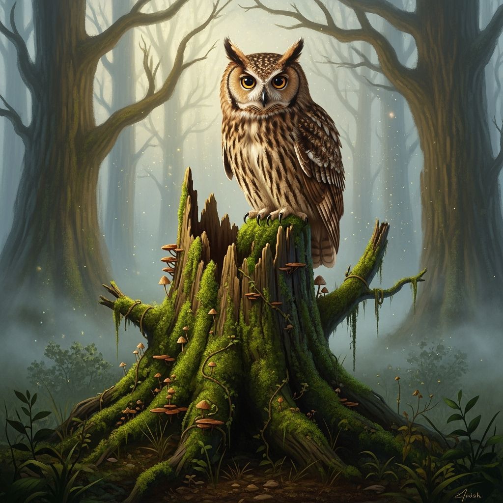 Misty Forest Owl on Mossy Stump, Mystical Digital Art