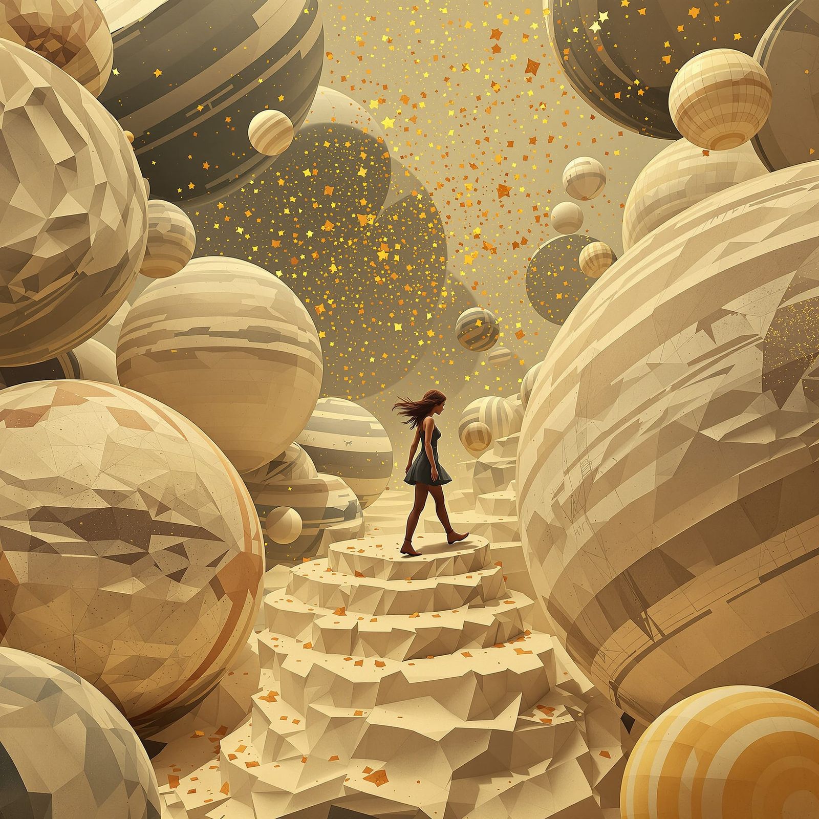 Woman Walks Paper Planets Amidst Floating Confetti, Surreal ...