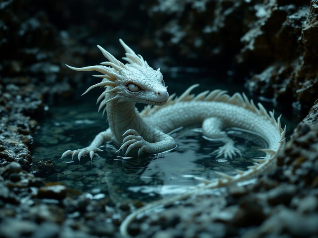 Sleek Blind Cave Wyrm in Shallow Cave Pool