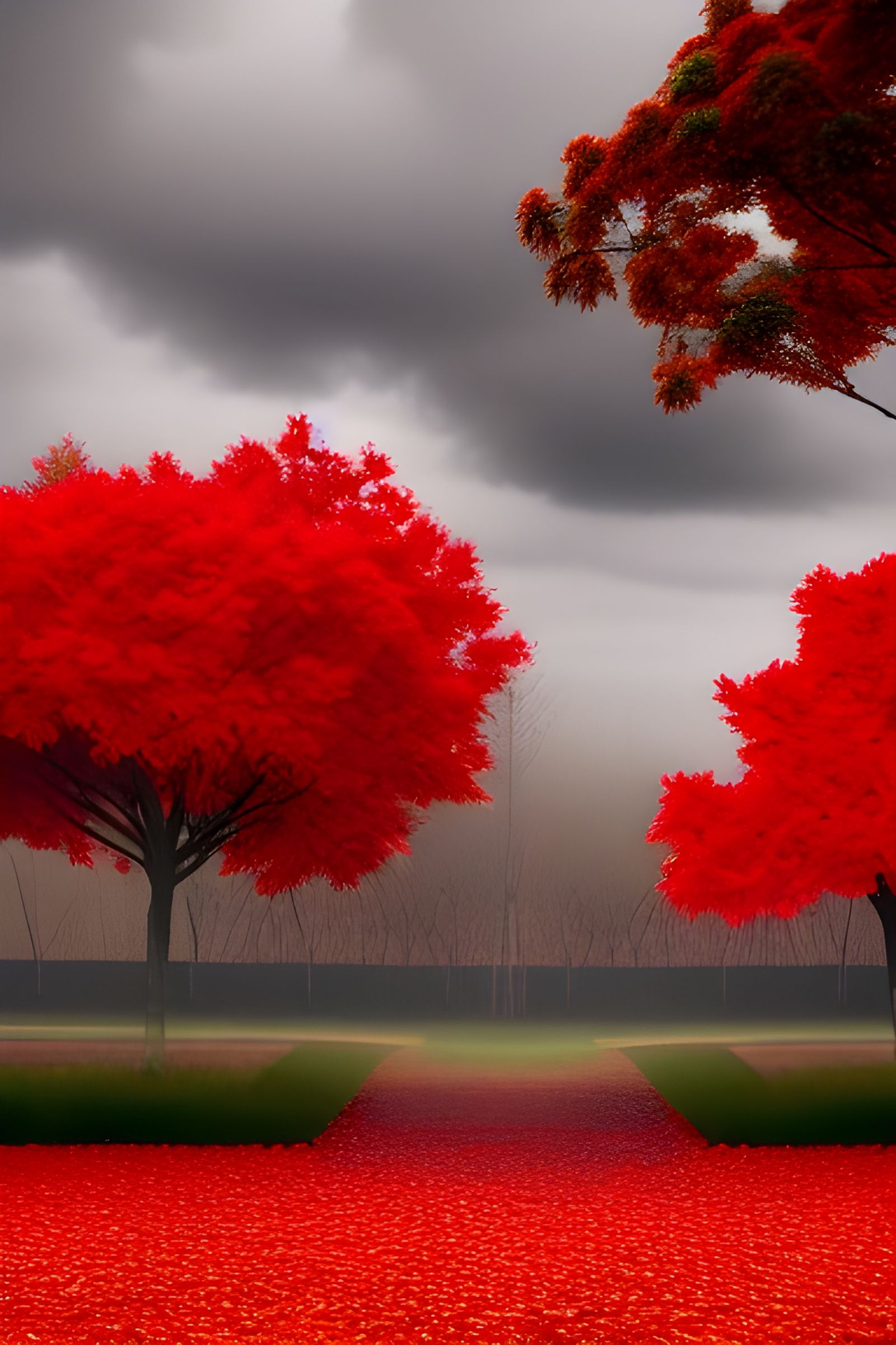 Red Autumnal Landscape in Surreal Photorealism