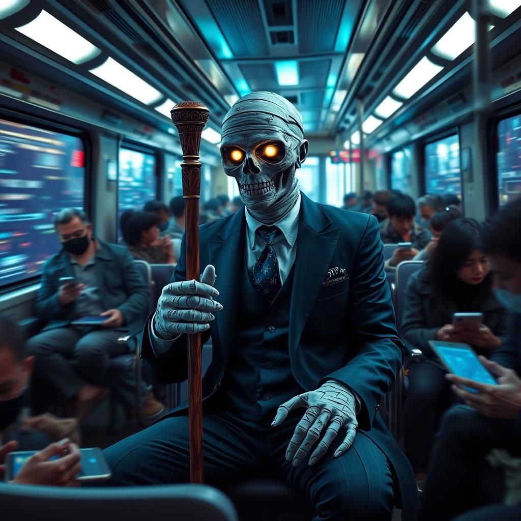 Mummy Commuter on Train in Dystopian Style