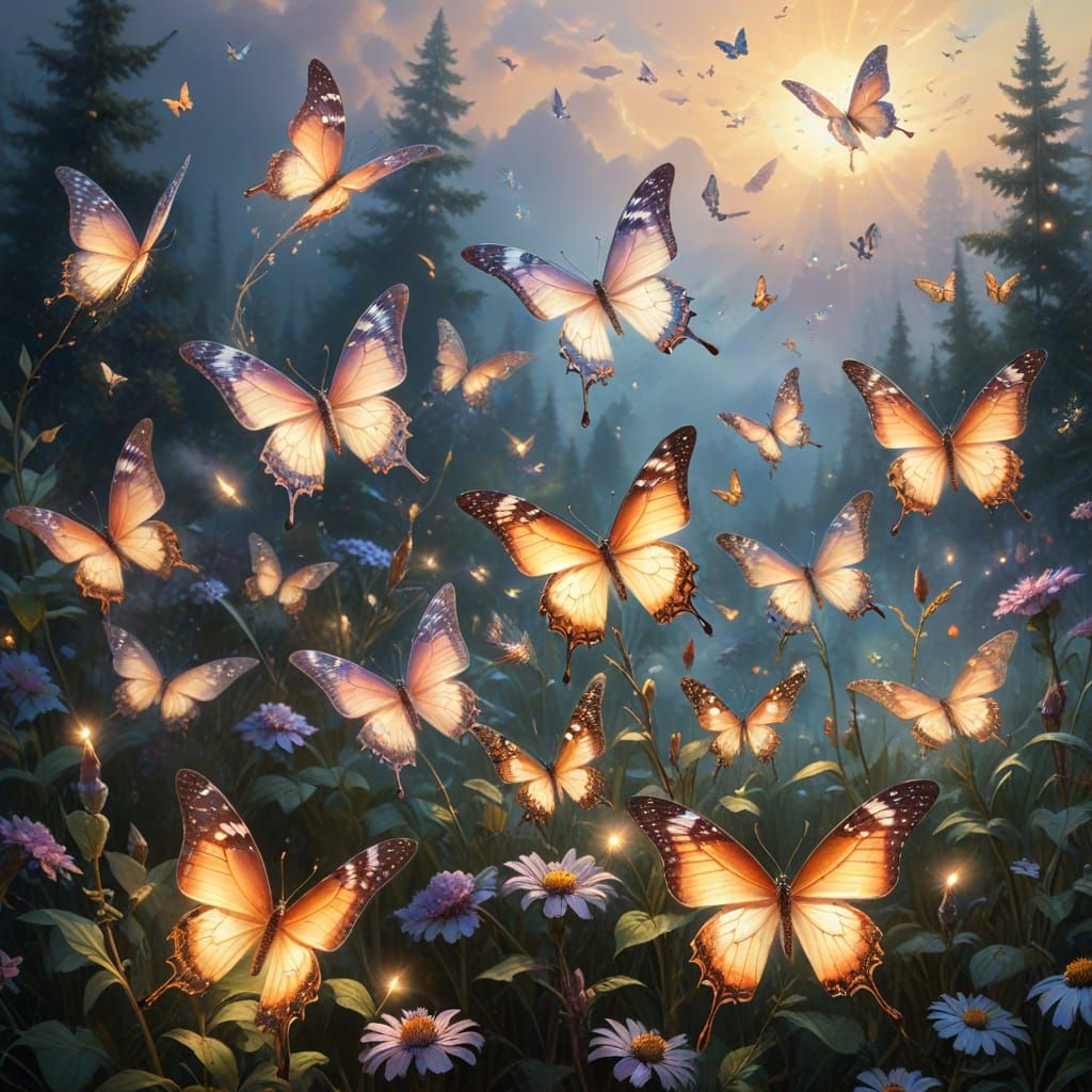 Ethereal Butterflies Ascend from Pencil Shavings at Sunrise