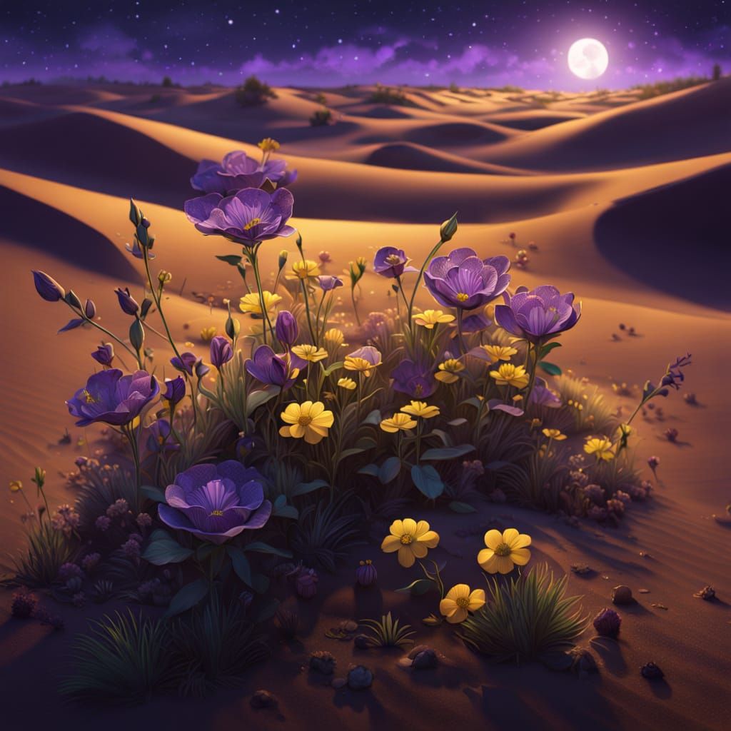 Desert Flowers Bloom Under Starlight, Digital Illustration