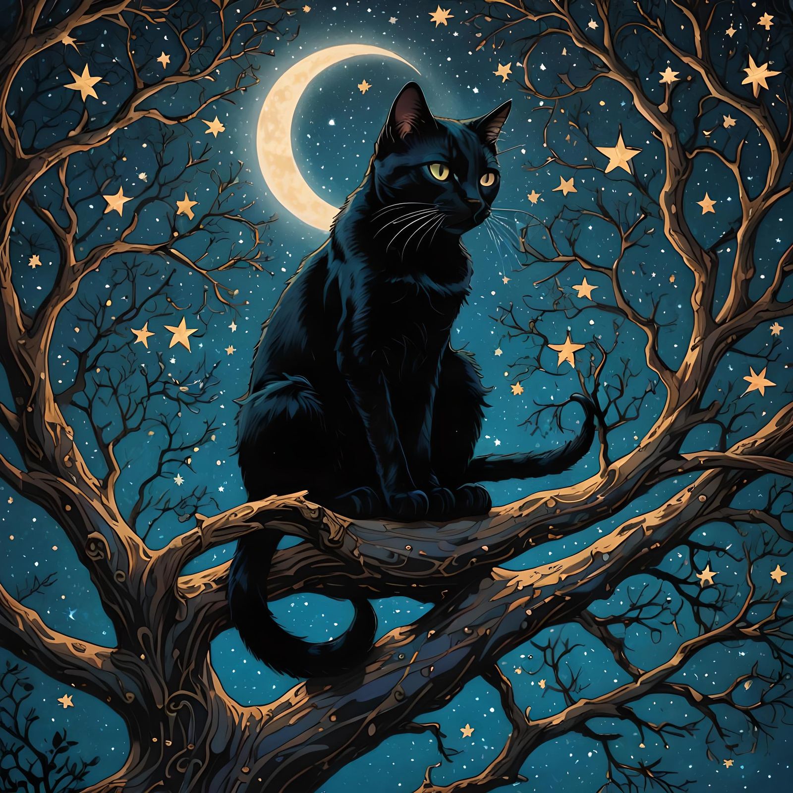 Ornate Starry Sky Silhouette: Black Cat in Art Nouveau Style