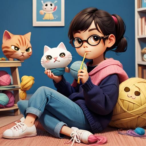 Adorable Kitten Knitting with Yarn: Pixar Style