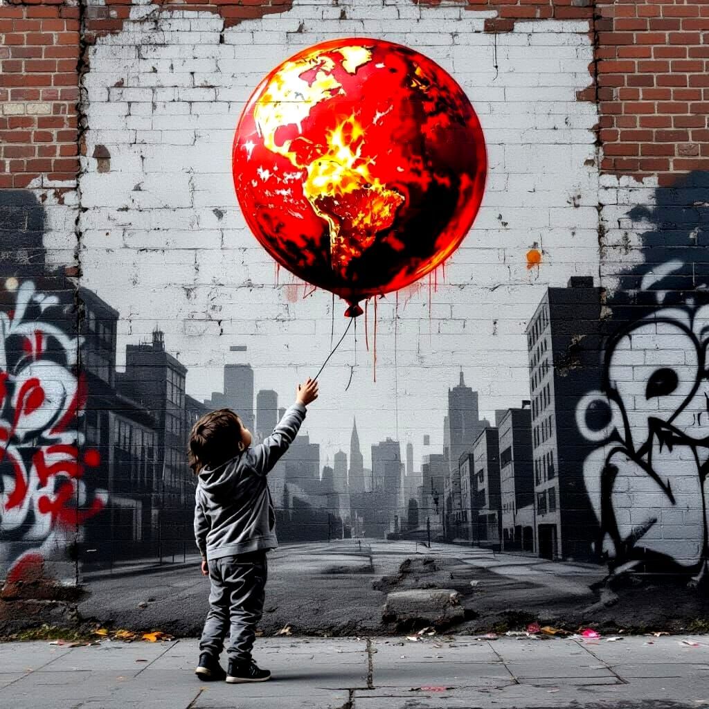 Urban Street Art: Child, Balloon Earth, Social Commentary