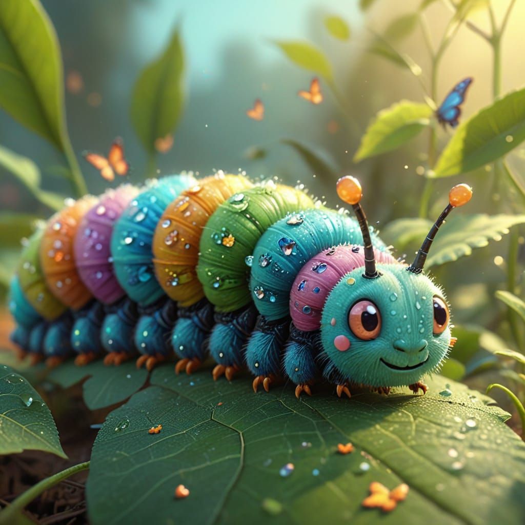 Cartoon Caterpillar on Leaf in 3D Animation Style