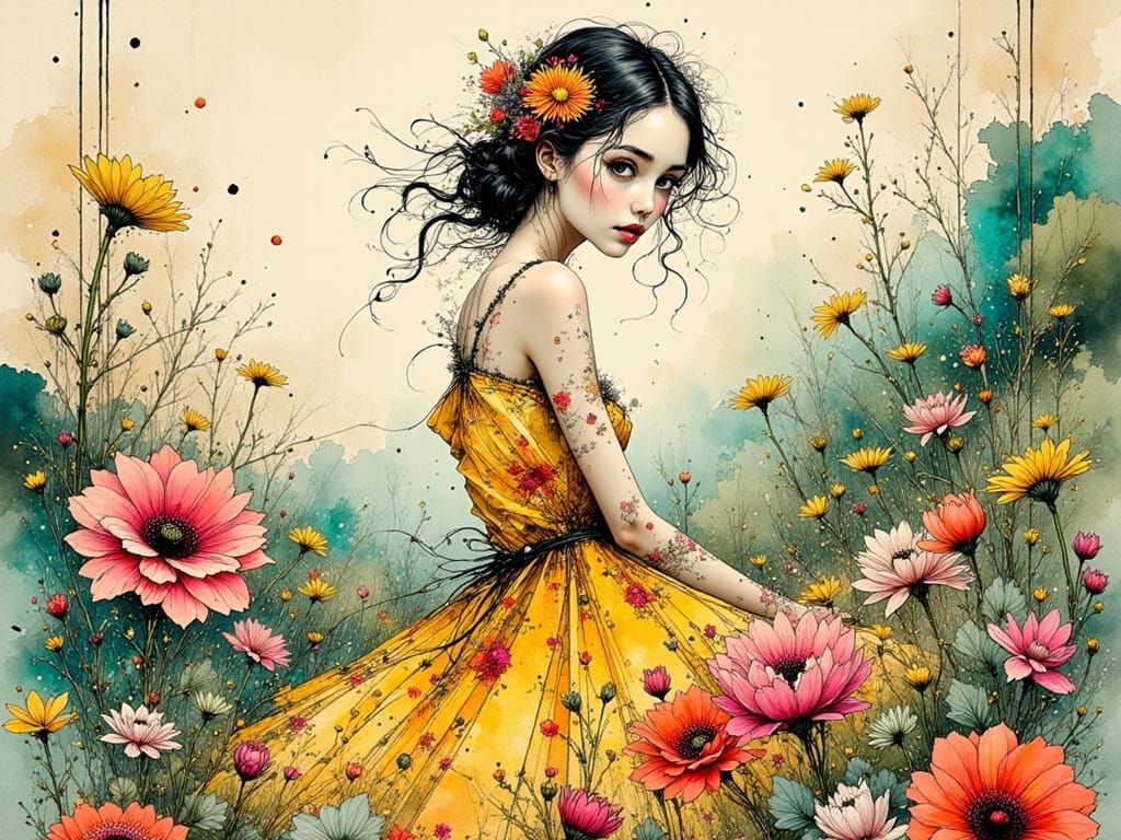 Bride in Floral Dress Rendered as Detailed Ink Art