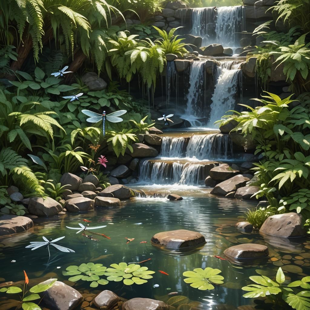 Sunlit Waterfall with Crystals and Dragonflies