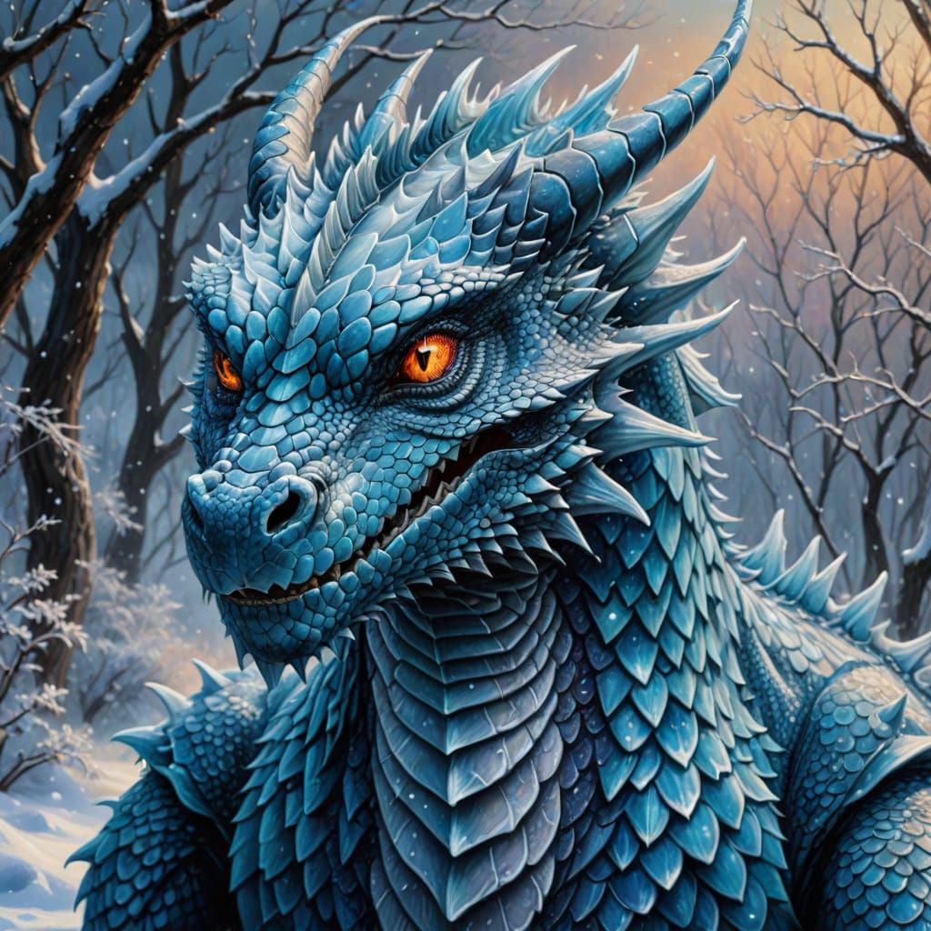 Icy Winter Dragon Portrait in Oil Painting Style