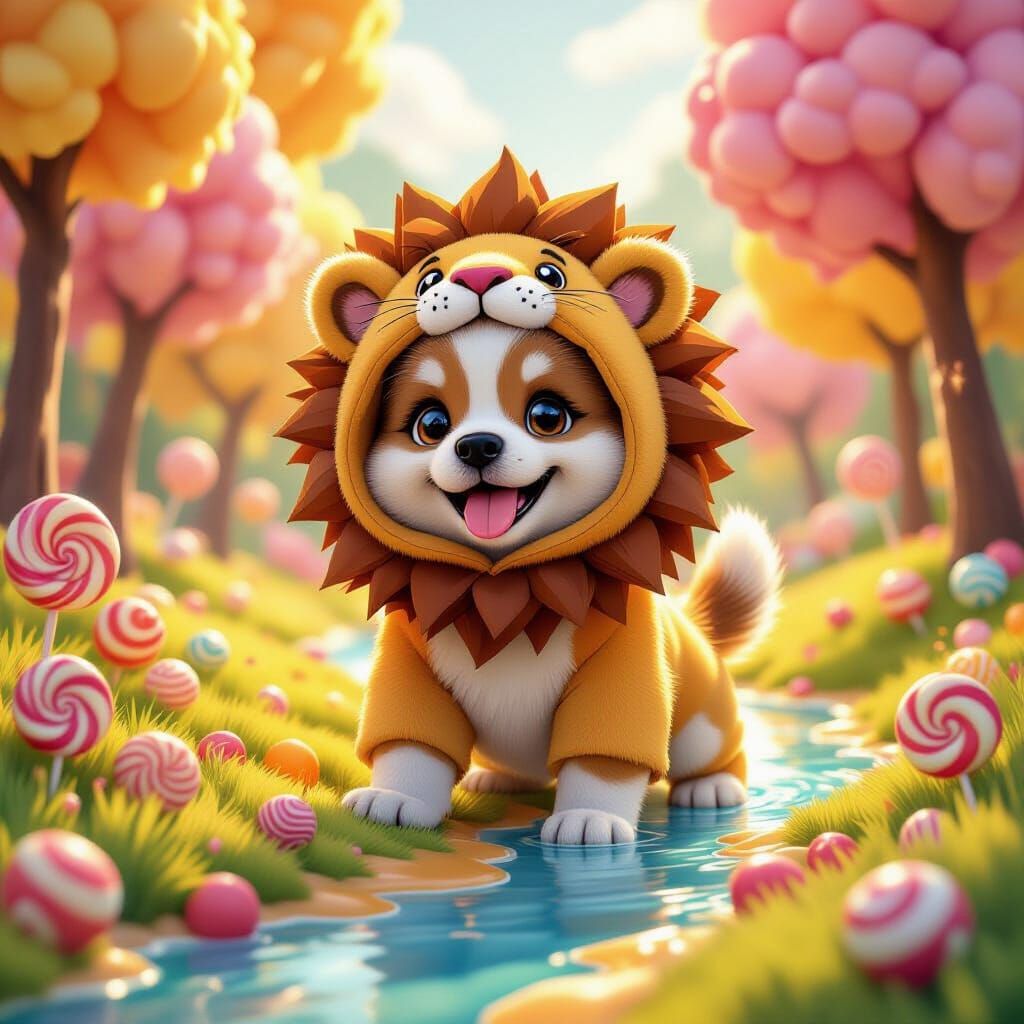 Cute Puppy in Lion Costume Candyland Art