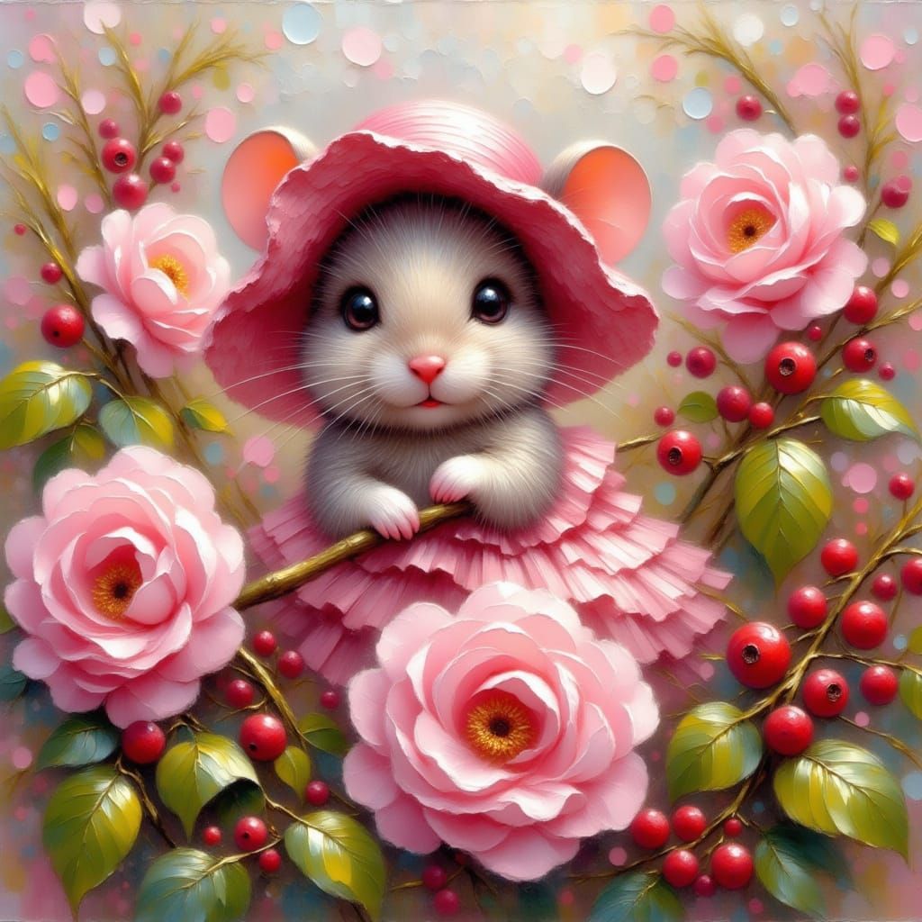 Adorable Mouse in Garden Hat Amidst Roses as Impasto Oil Pai...