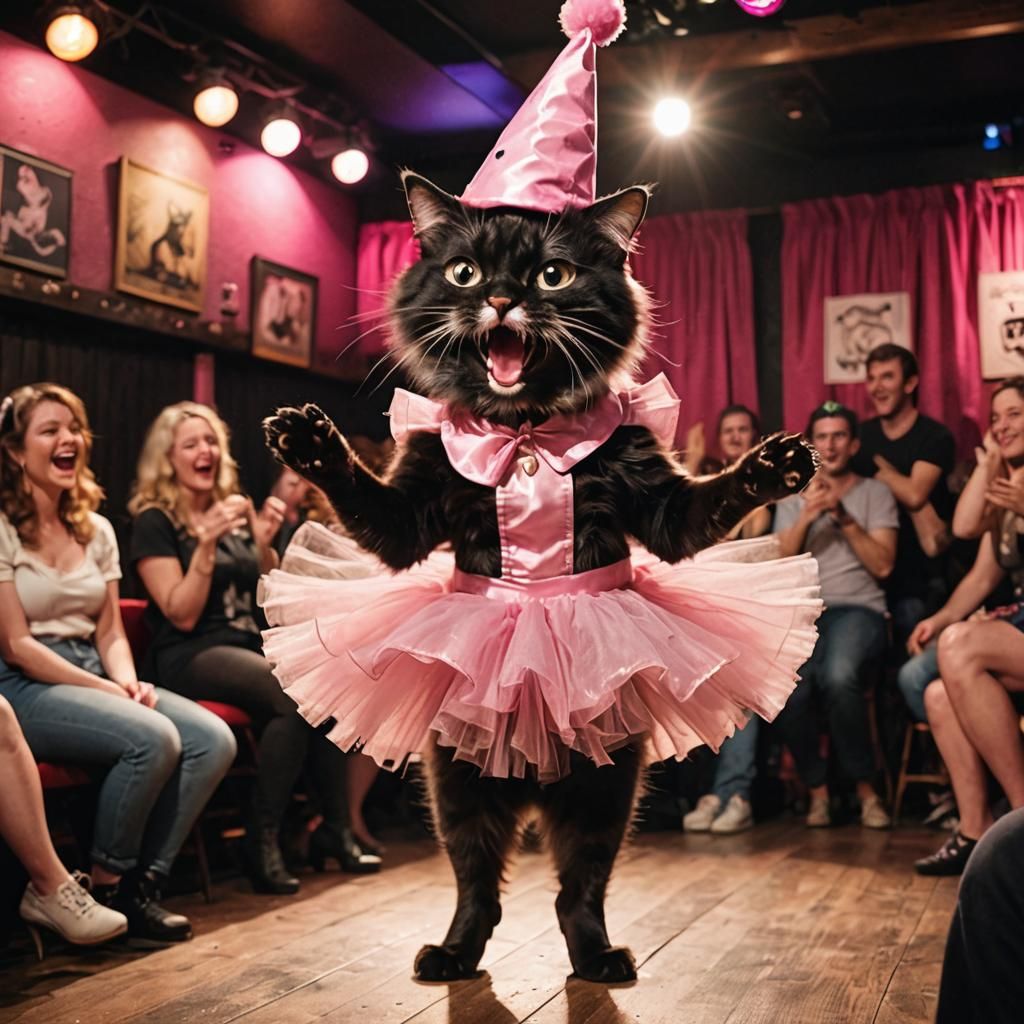 Cat Comedian in Tutu Performing on Stage