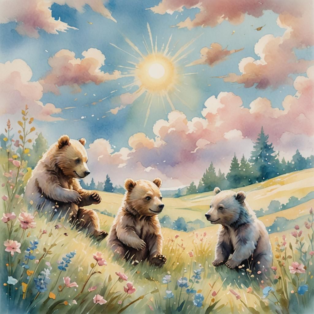 Whimsical Watercolor: Baby Bears in Sunny Meadow