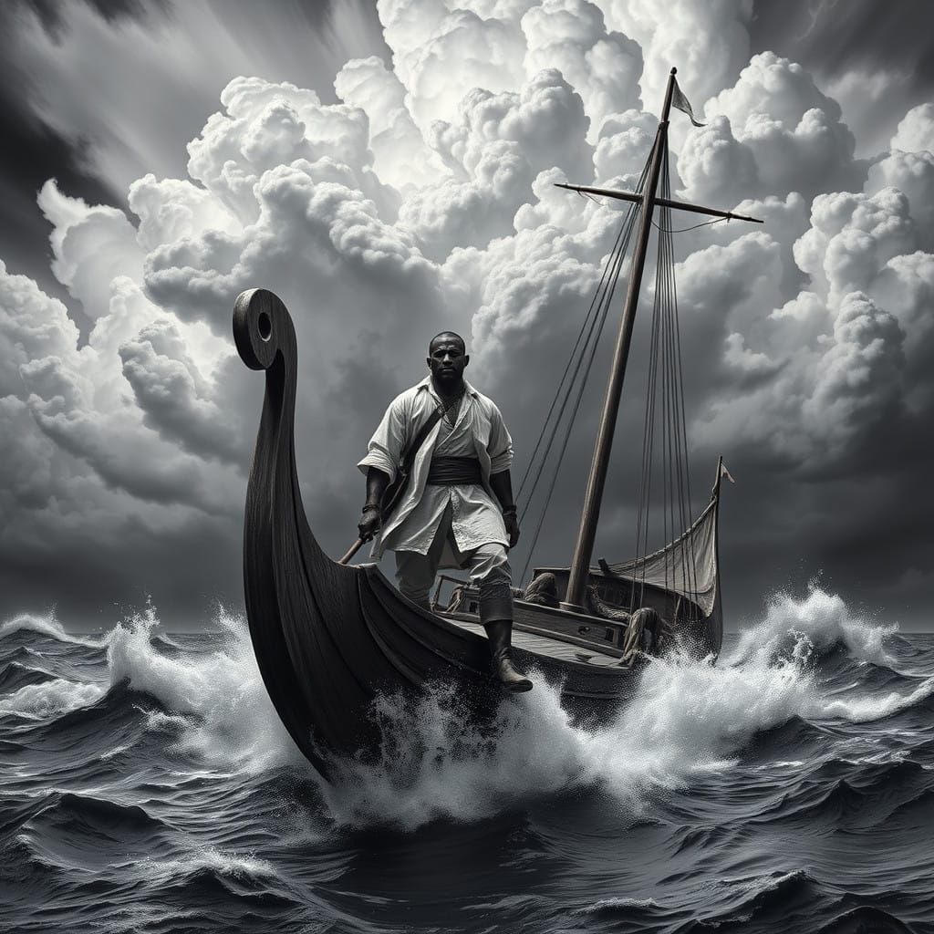 Heroic Sailor in Turbulent Seas, in a Cyberpunk-Inspired Mon...